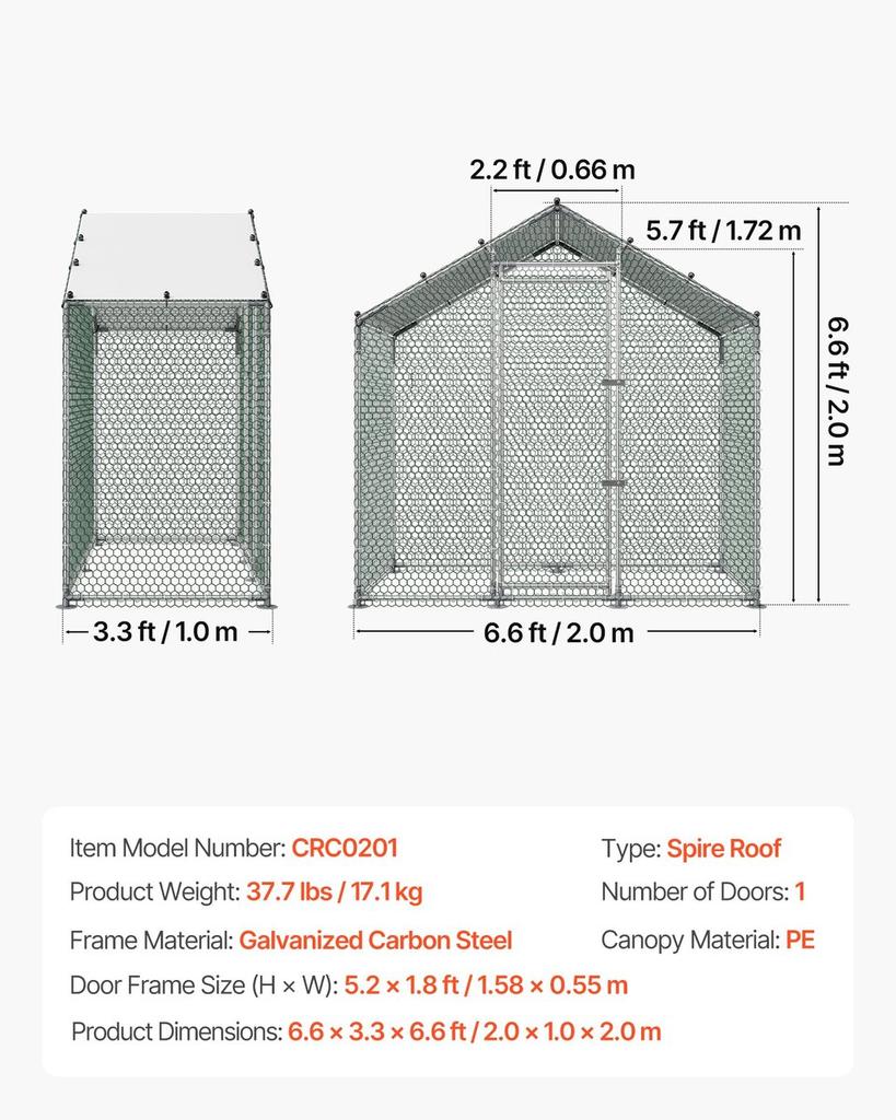 Grande Pollaio in Metallo, 2 x 1 x 2 m, Gabbia da Pollame Walk-in con Telo Impermeabile e Telaio Robusto, Gabbia per Pollame a Tetto a Punta, Gabbia per Conigli Galline Anatre