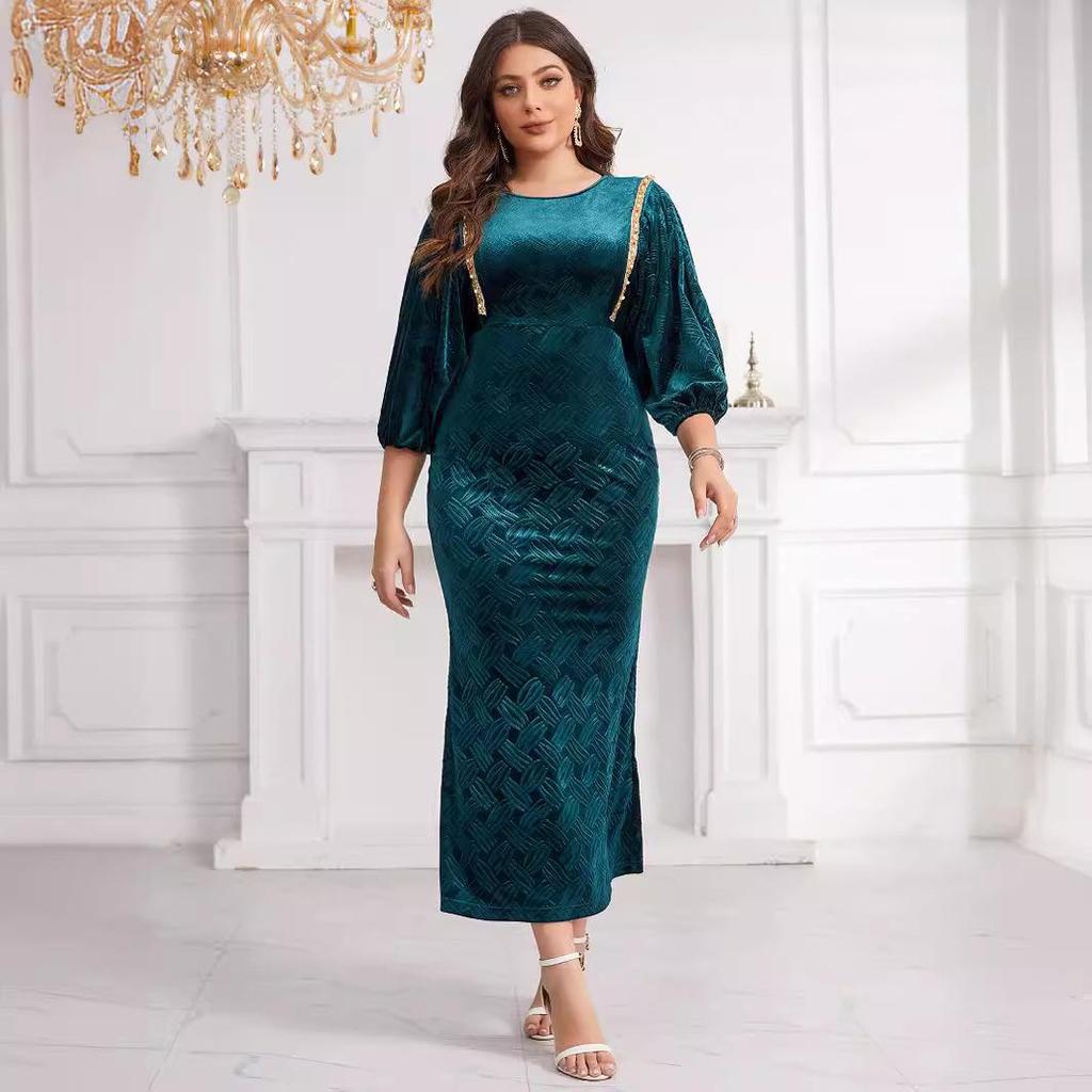 Velvet Embossed Beaded Lantern Sleeve Slim Fit Dress