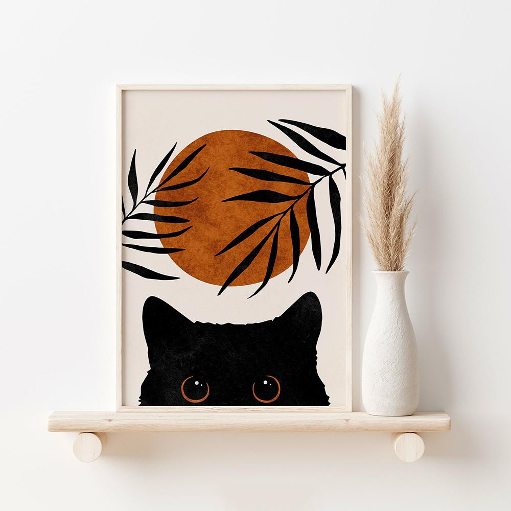 Abstract Boho Sun Bowls Black Cats Print Wall Art Nursery Decor Minimalist Neutral Cat Canvas Painting Modern Room Decor Poster