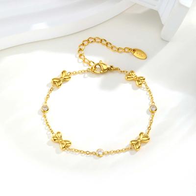 Exquisite Zircon Bowknot Stainless Steel Bracelet 18K Gold Plated Wrist Chain Fashion Party Waterproof Jewelry for Women Girl