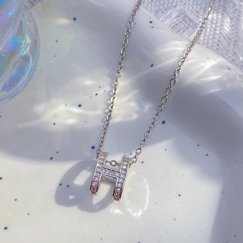Women Silver Full Diamond H Pendant Titanium Steel Necklace Ins Style Clavicle Chain