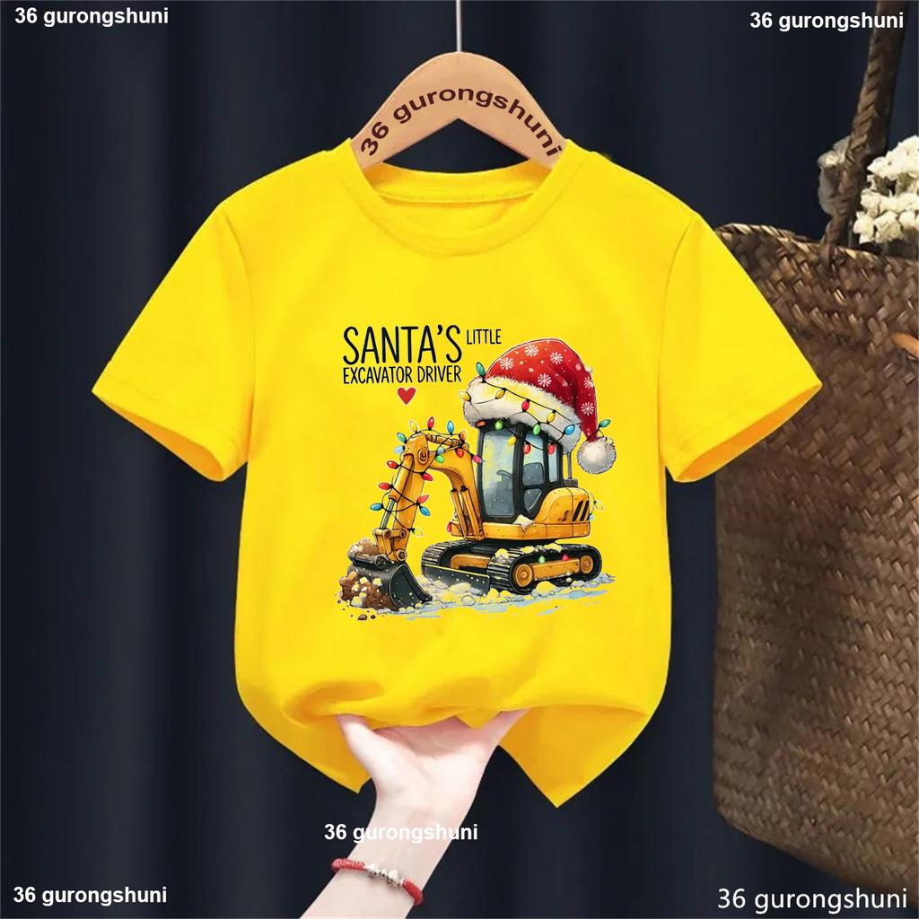 Santa'S Little Excavator Driver Graphic Printed T Shirt Girls/Boys Cool Xmas Gift Children'S Clothing Funny Solid T-Shirt Tops