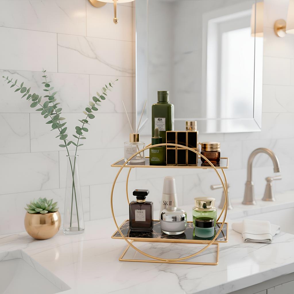 Organizador de Maquillaje Metálico | Estantería 2 Niveles Efecto Mármol | Diseño Moderno y Elegante