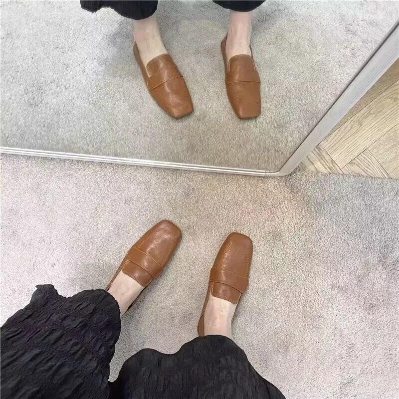 Women's Square Toe D'Orsay Flats - French Retro Soft Leather Slip-On Loafers