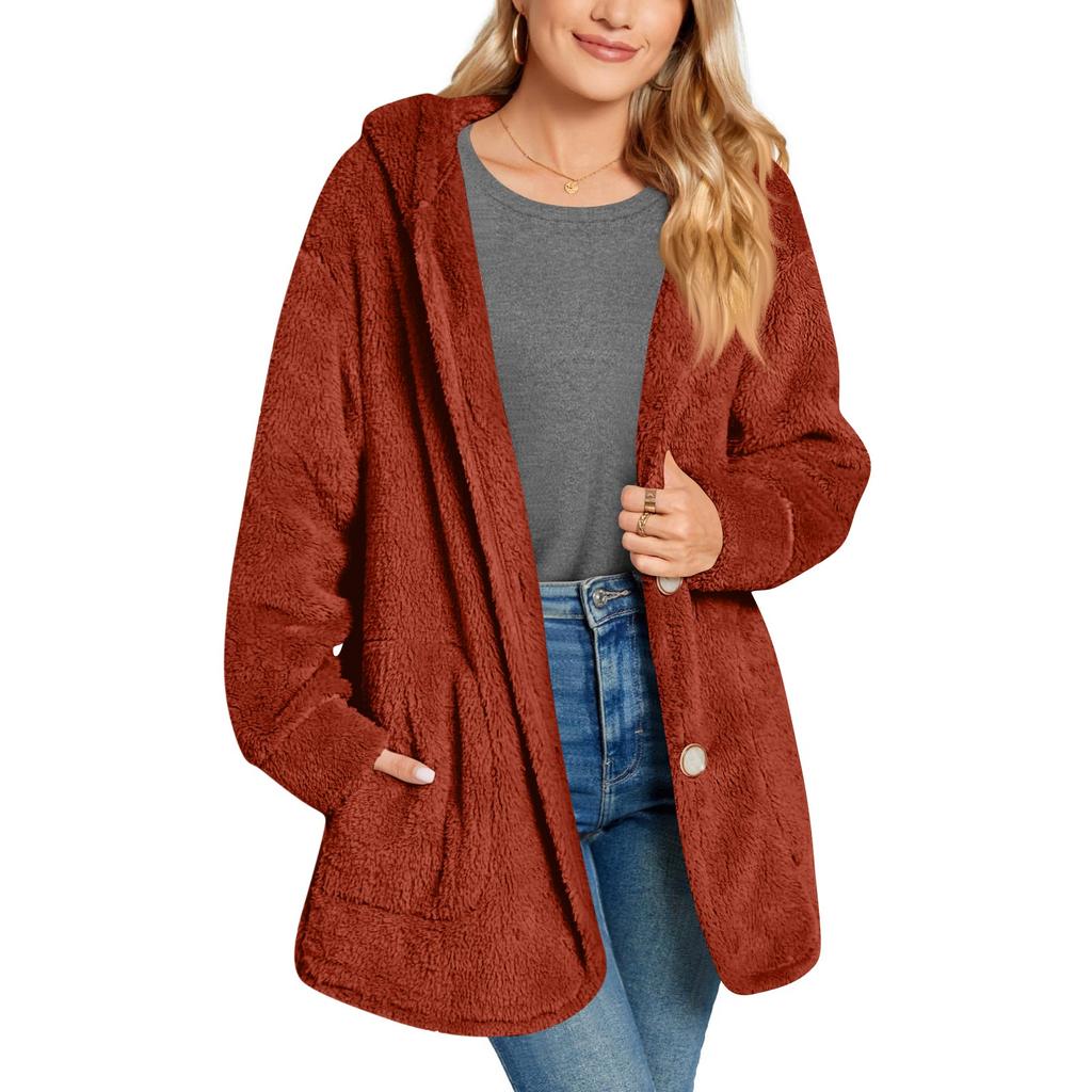 Women's Fashionable Solid Color Long Sleeved Pocket Loose Hooded Button Plush Jacket