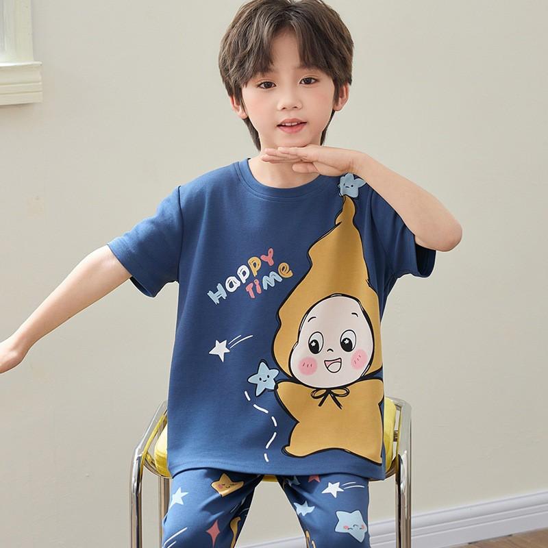 Boys Cotton Short Sleeve 3-Piece Pajama Set Sleepwear Kids Teens Cartoon Print Lightweight Home Wear