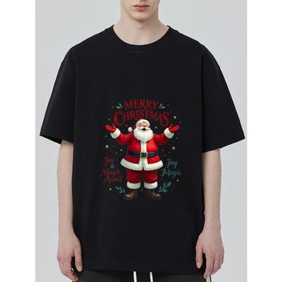Christmas T-Shirt Black Santa Claus Merry Christmas Joy and Magic Await Holiday Party Wear