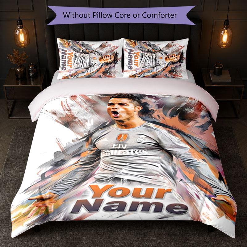 Set Biancheria da Letto Personalizzato Cristiano Ronaldo con Nome Testo 1 Copripiumino+2 Federe Logo Calcio Regalo Personalizzato per Occasione Speciale Arredamento Camera da Letto