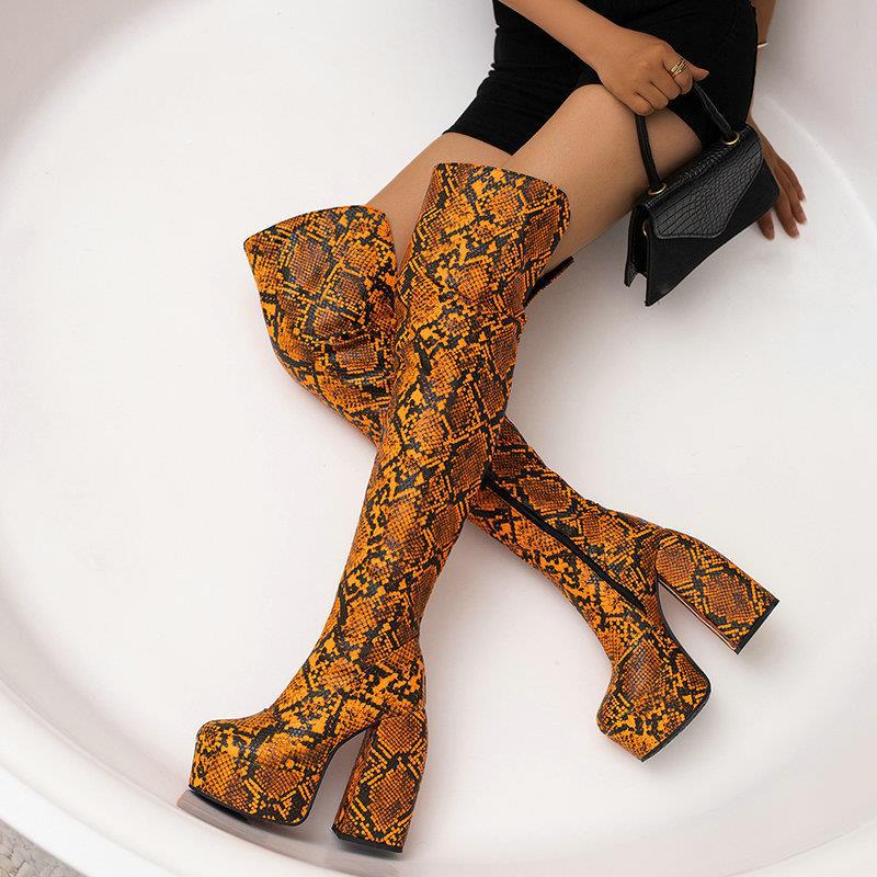 Sexy Dijlaarzen Dames Blok Dikke Hoge Hakken Merk Feest Platform Over de Knie Laarzen Vrouwelijke Straatschoenen Vrouw Botas Femininas