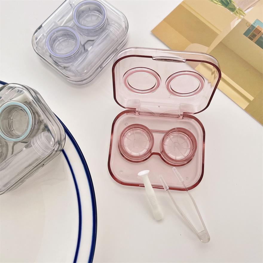 Transparent Contact Lens Case Portable Plastic Storage Box with Tweezer Suction Stick Set for Travel Holiday Companion Organizer