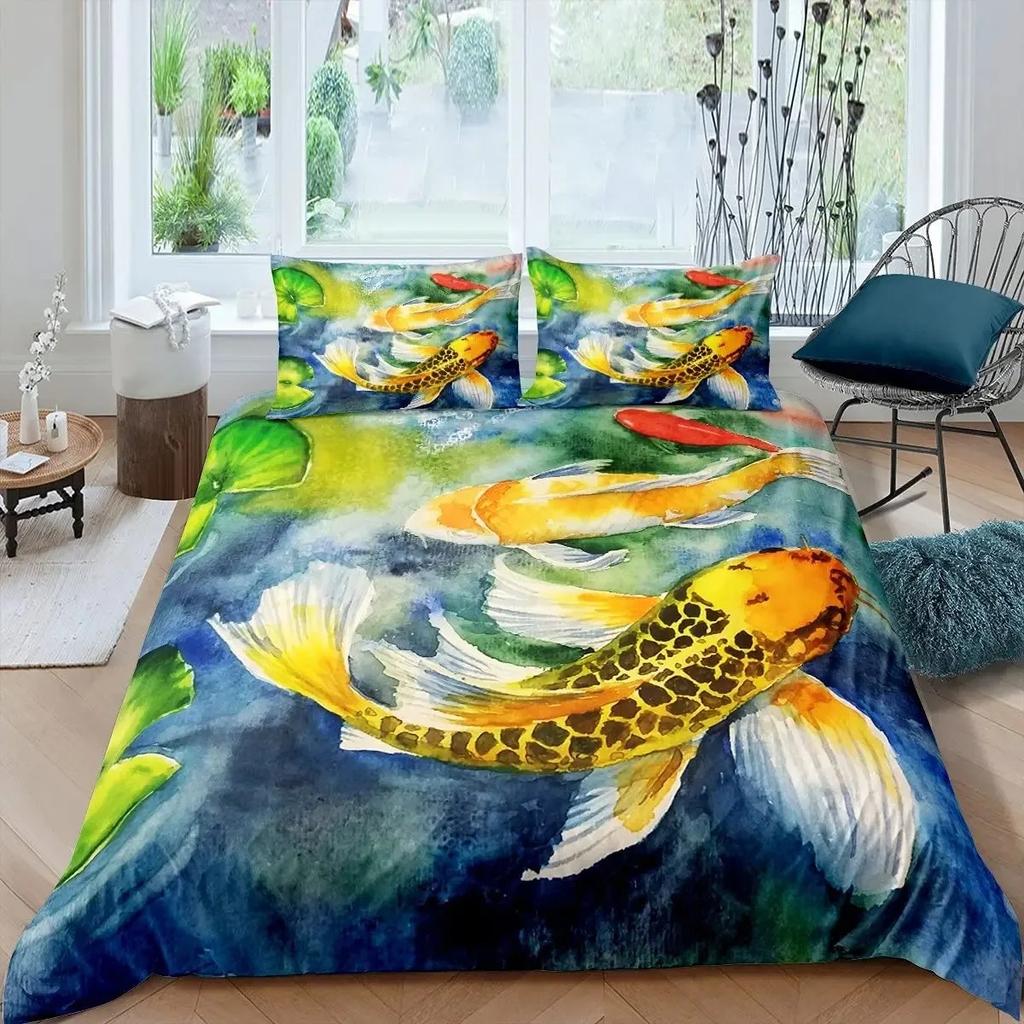 Koi Fish Duvet Cover Set King Size Oriental Asian Culture Lotus Bedding Set Microfiber Twin Cloud Quilt Cover For Girl Farmhouse