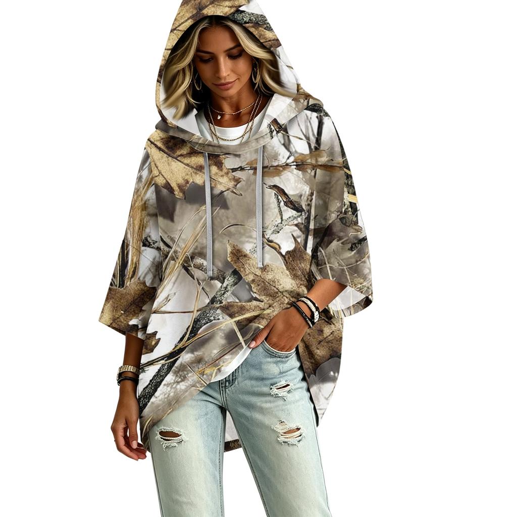 Damenmode Dreiviertelarm Blätterdruck Kapuzen-Pullover-Oberteil