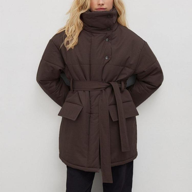 Autumn Winter Women Stand Collar Cotton Coat Medium Long Belted Jacket with Irregular Button Design Temperament