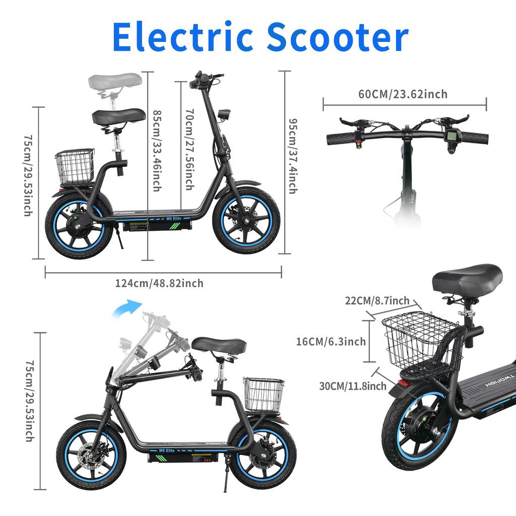 Elektrická kolobežka TWOFISH M5-Elite s košíkom 14" pneumatika 500W motor 48V13Ah batéria Max. rýchlosť 40km/h Max. dojazd 30km Čierna