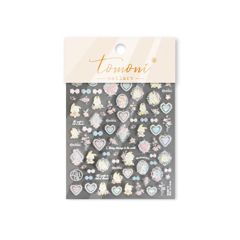 

Наклейки для ногтей Tomoni 3D с тиснением, с изображением цветущего персика и кролика - японский горячий стиль.