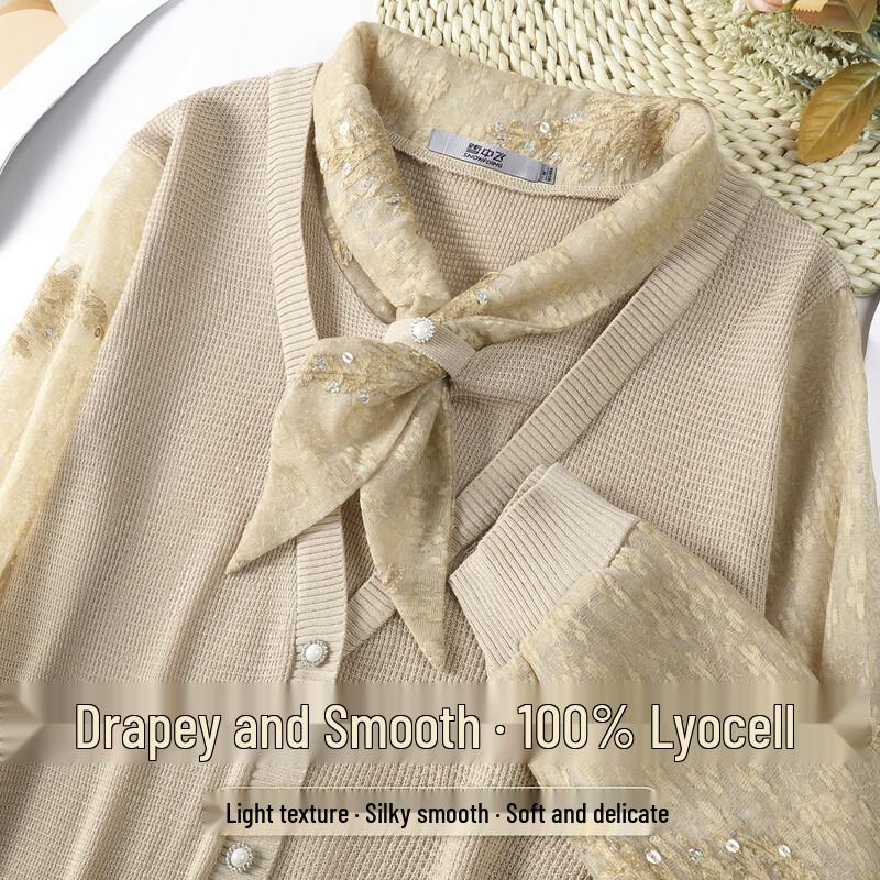 SNOWFLYING Women s Lyocell Knit Faux Two-Piece Scarf Collar Top L