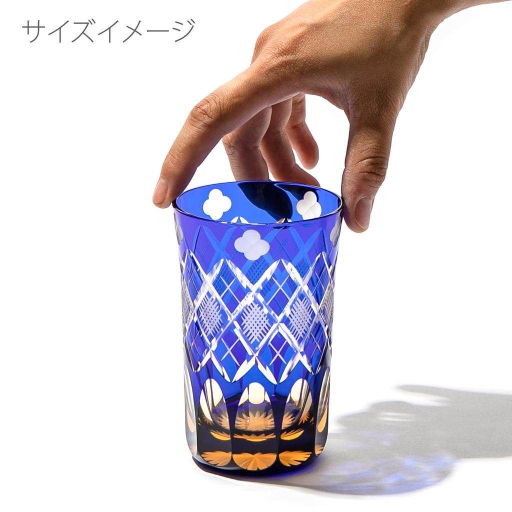 [Taimuro Workshop Official] Edo Kiriko Tumbler with Four-Leaf Clover and Yarai-Nanako Pattern (Amber Lapis Lazuli) TB94419AB, Wooden Box Included, Mad