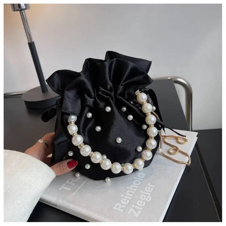 Brand Shoulder Bags For Women High Quality Luxury Ladies Handbag Black Bead Pearl Imitation Silk Female Bucket Cross Body Bag