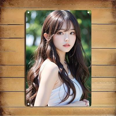 Metallschild Koreanische Schönheit Wandkunst, Frauenporträt Haardekoration für Zuhause Café Bar Geschenk