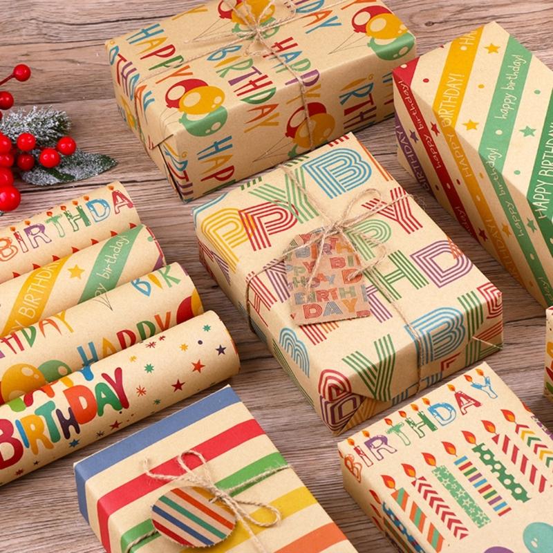 Birthday Gift Wrapping Paper Set Unique Birthday Gift Patterned Wrapping Paper with Tape Card and Straw Rope
