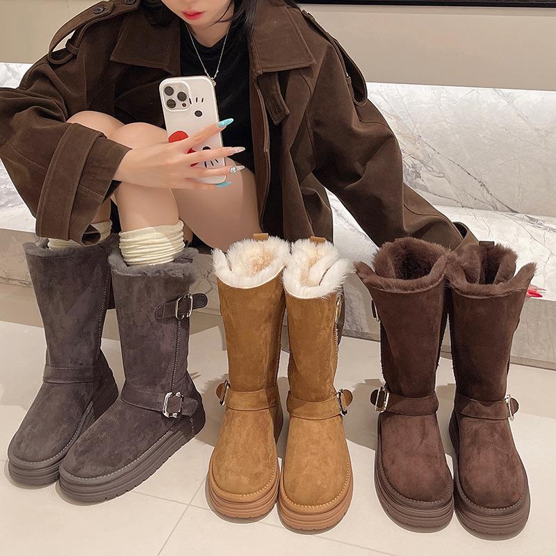 Faux Leather Snow Boots Women's Tall Tube New Winter Velvet Thickened Warm Medium Tube Non-slip and Cold-resistant Belt Buckle Women's Cotton Shoes