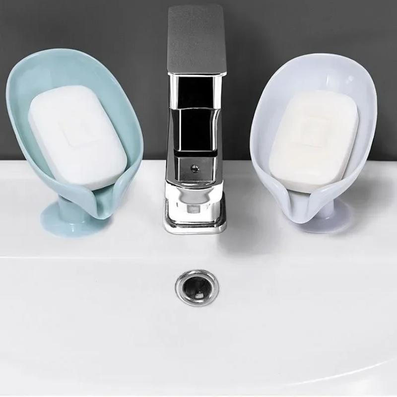 Portable Leaf Shape Suction Cup Soap Dish with Drain Water Bathroom Shelf for Kitchen Sponge Holder Water-free Storage Box