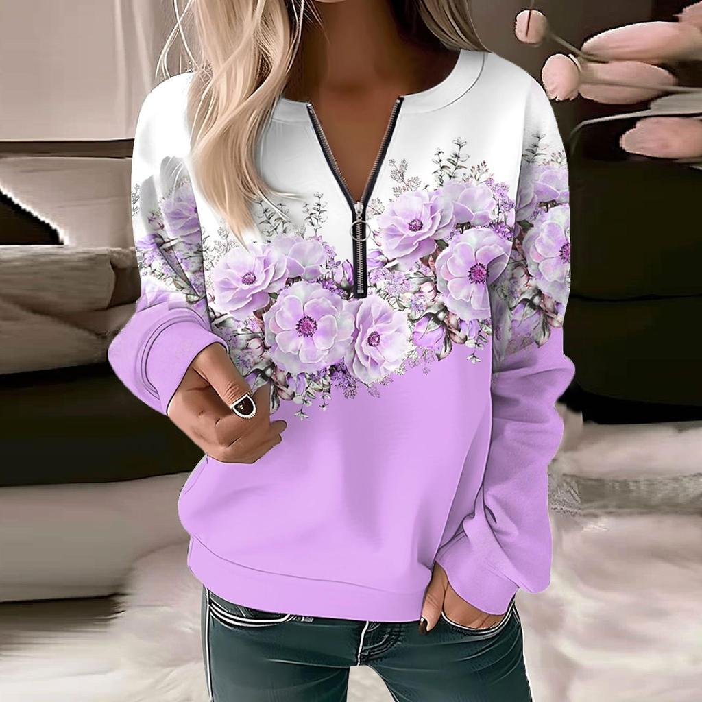 Women Sweatshirt Pullover Basic Quarter Zipper Long Sleeve Print Flowers Hoodie Casual Top