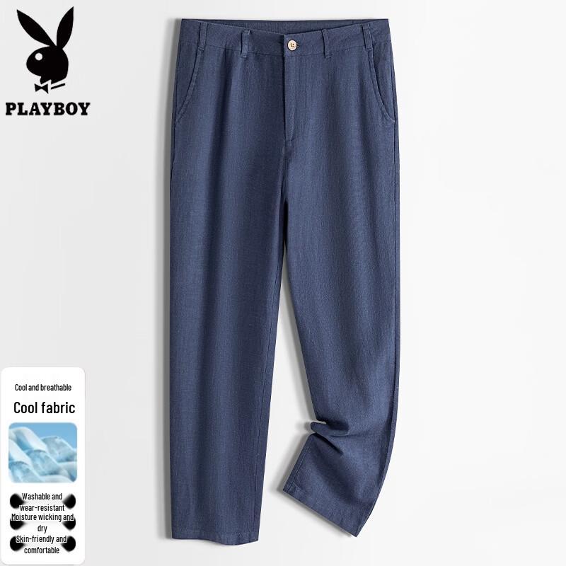 PLAYBOY Men s Spring Summer Loose Ramie Blend Straight-Leg Pants L темно-синий