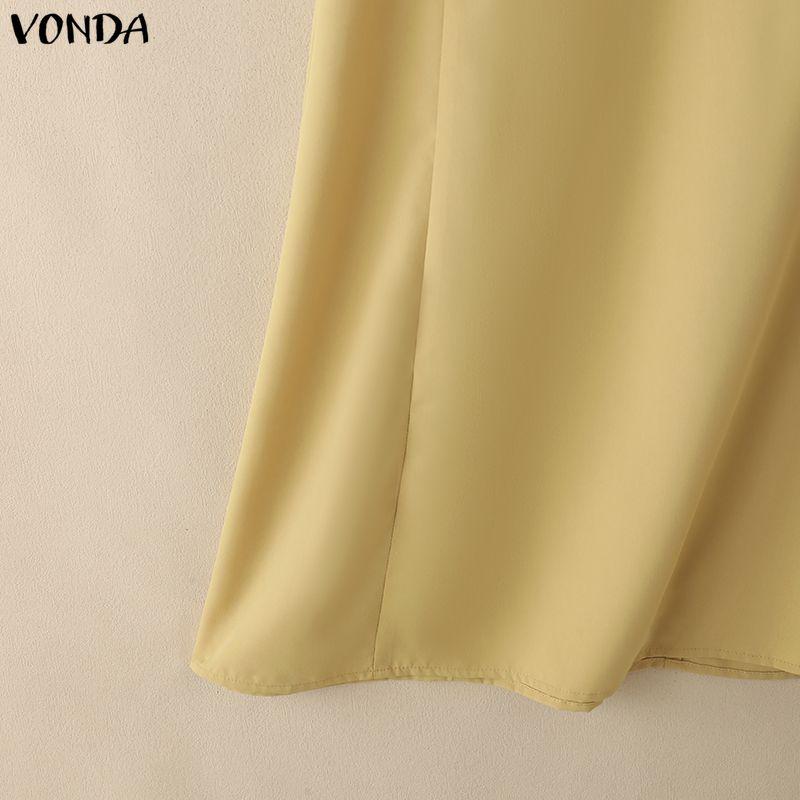 VONDA Elegant Women Lapel Neck Long Puff Sleeve Casual Office Dress