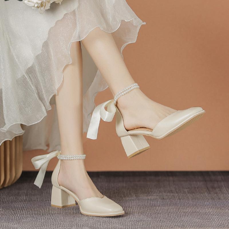 Fashion Rear Rbbion Bow High Heels Woman Ankle Pearl Beading Sandals 2025 Square Toe Pumps Ladies Office Dress Mary Janes Wedges Tacones
