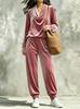 European and American women's clothing autumn and winter new swing neck gold velvet long-sleeved top corset sweatpants casual two-piece set