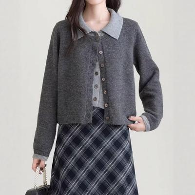 Fake Two-piece College-style Knitted Cardigan Women's Autumn and Winter Temperament Age-reducing Retro Versatile Sweater Jacket Women