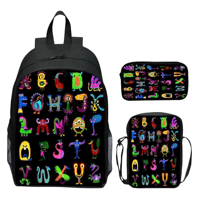 16 Inch Children's Backpack 3-piece Set Alphabet Lore Alphabet Legend Elementary School Backpack Shoulder Bag Pencil Case
