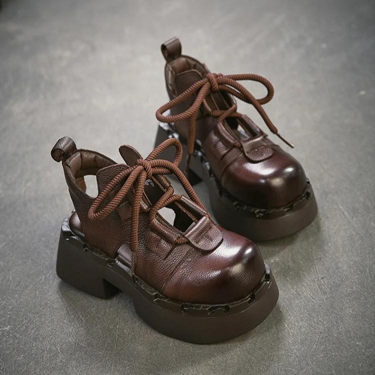 Johnature Retro Sandały z Prawdziwej Skóry z Wycięciami Okrągły Nosek Sznurowane Gruba Podeszwa Buty Damskie
