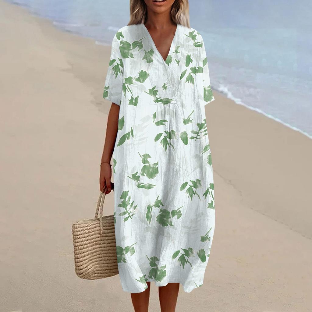 Women's Loose Casual Fashion V-Neck Printed Dress Beach Skirt