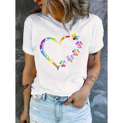 Modisches herzförmiges Hundepfotenabdruck Damen-T-Shirt, Europäische Größe, Bequem und Entspannt, Rundhalsausschnitt, Geeignet für Alle Jahreszeiten