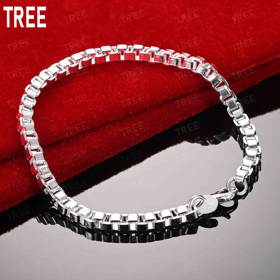 925 Sterling Silver 4mm Square Frame Side Chain Exquisite Bracelet Gift Jewelry 20CM