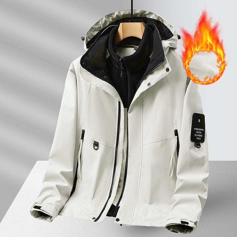 Men's Waterproof Hooded Windbreaker with Fleece Inner Layer - Plus Size, Softshell Jacket for Spring, Autumn, and Winter.