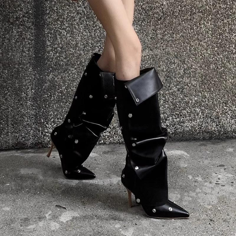Fashion Sexy Pointed Toe High Heel Denim Y2K Long Boots Women 2025 Winter Punk Black Knee High Boots Metal Decoration Designer Shoes