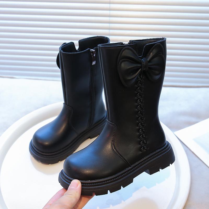 Fashion New Winter Girls Princess Cotton Boots Elegant Bowknot Children Causal Boots Fashion Black Versatile Kids Simple Mid-calf Boots