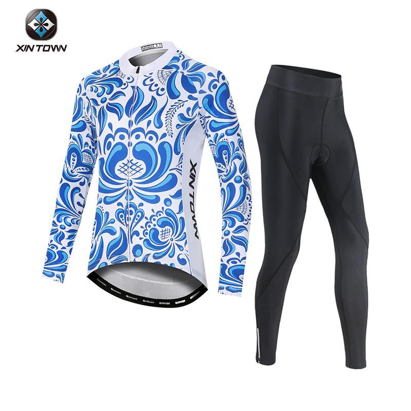 Womens Cycling Jersey Shorts Set Breathable Quick-Dry Long Sleeve Bike Outfit Road Mountain Riding
