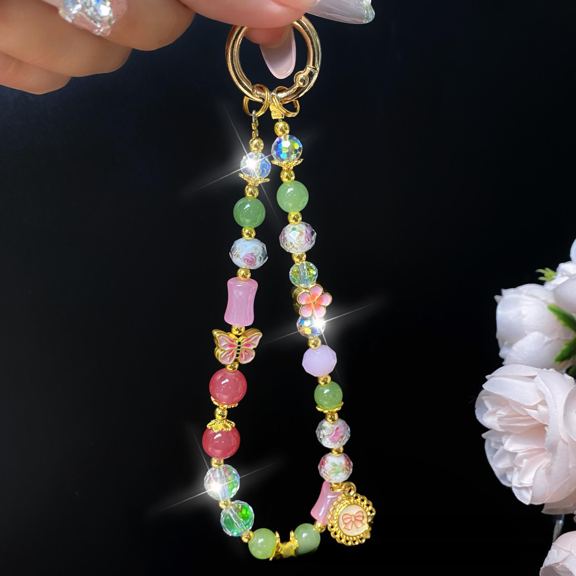 Chinese Style High-End Crystal Bead Hand Chain Wrist Short Strap with Spacer Alloy Floral Keychain Bag Pendant Alloy【Flowers+Butterfly