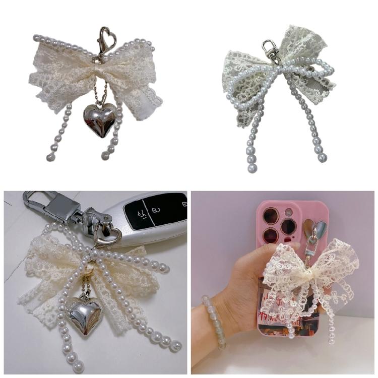 Pearls and Bowknot Embellished Keychain Elegant Bowknot Pearls Keychain Colorful Bowknot Pendant for Bags and Phones