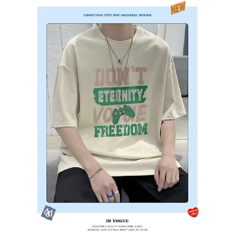 Men'S Trendy Letter Round Neck Printed Short Sleeved T-Shirt For Summer Ins Loose Casual Top