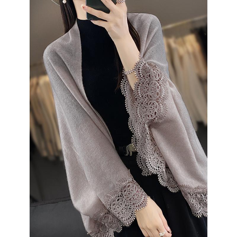 Women Knitted Cardigan Lace Batwing Sleeve Cape Shawl Solid Color Loose Mid-Length Open Front Coat