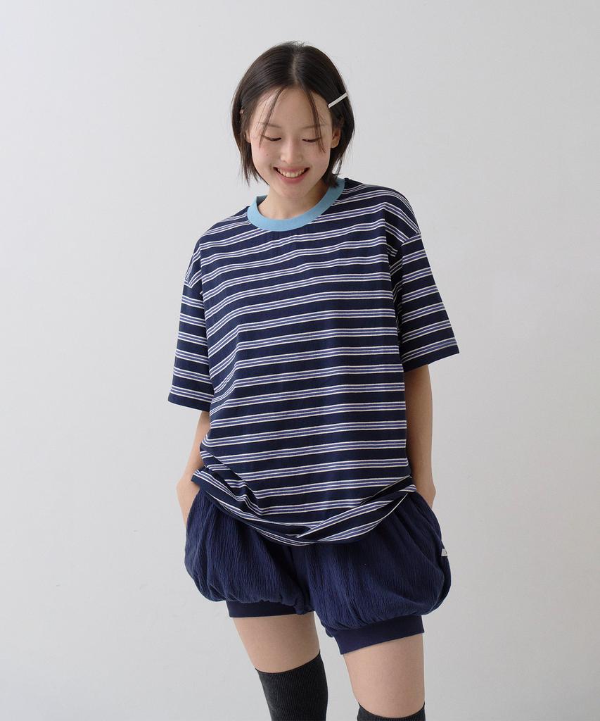 Sayu Striped Biscuit Short Sleeve T-Shirt Navy