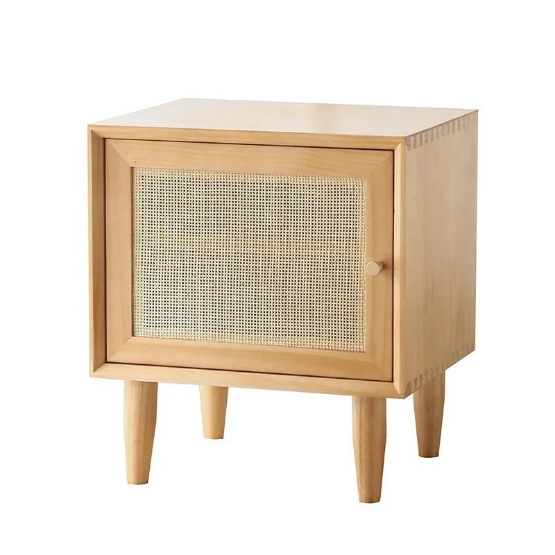 Japanese Nightstands Solid Wood Bedside Table Rattan Low Cabinet Corner Bedroom Drawers Apartment Locker Magazine Bookcase