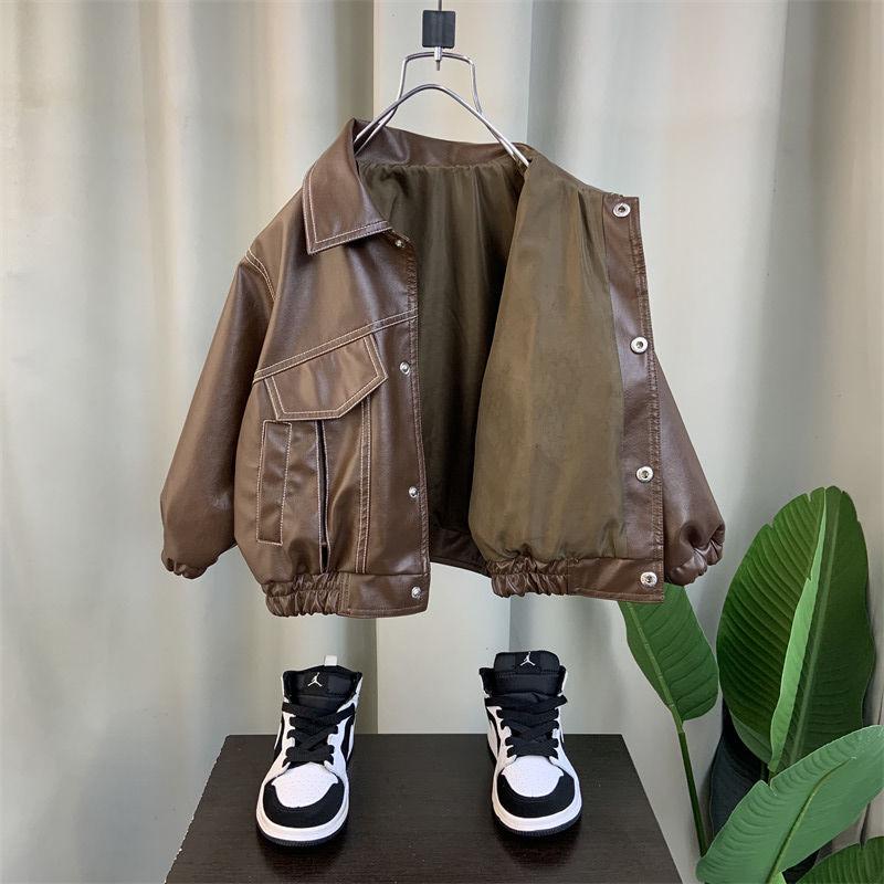 Chlapecká kožená bunda s fleecovou podšívkou, trendy a cool podzimní kabát pro malé děti (2025)