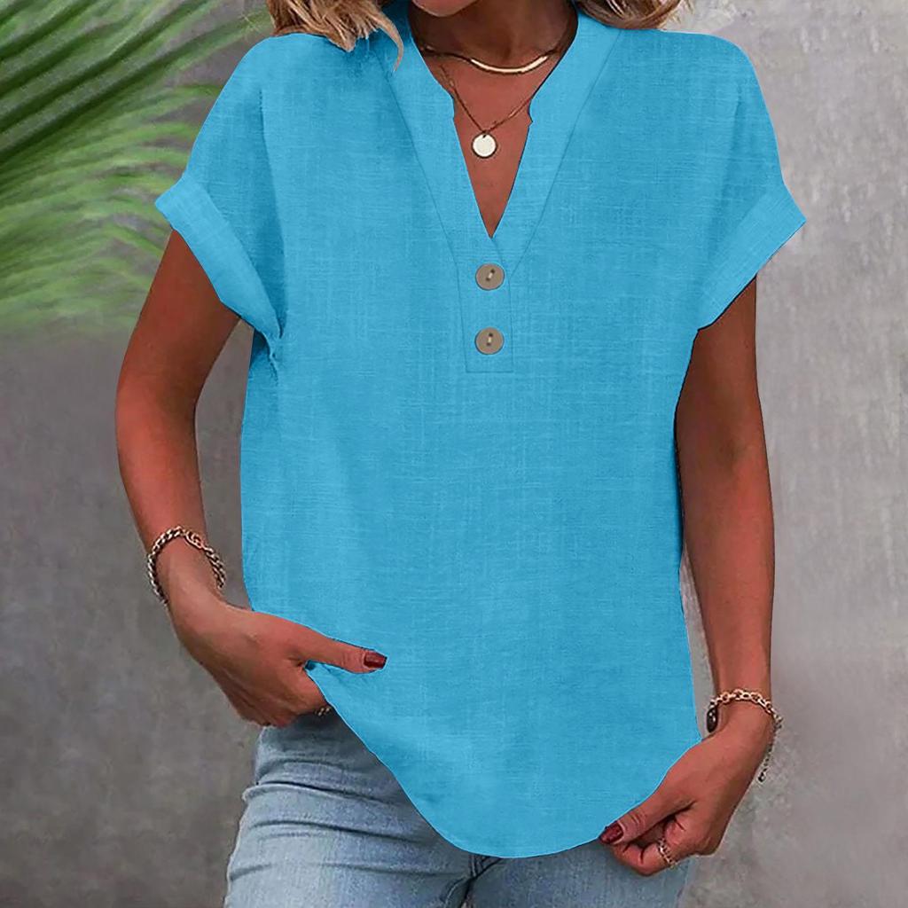 2025 Women's Solid Color V-Neck Buttoned Cotton-Linen Short-Sleeve Top