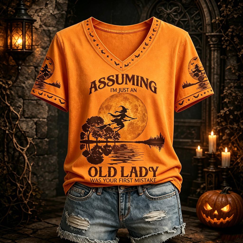 Women's Halloween V-Neck Short Sleeve T-Shirt Casual Printed Tee Top